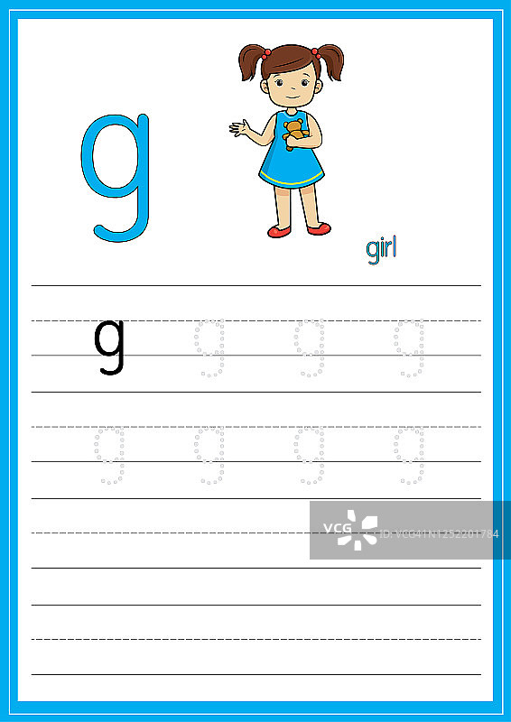 矢量插图的女孩孤立的白色背景。带小写字母g，用作教与学的媒介，供儿童识别英文字母或供儿童学习书写字母用于家庭和学校学习。图片素材