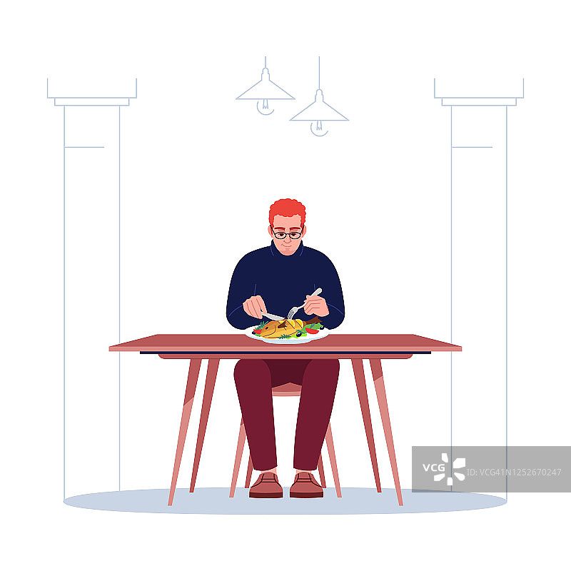精致的家伙吃海鲜餐厅半平面RGB彩色矢量插图。红发白人享受美味的鱼和蔬菜孤立的卡通人物在白色的背景图片素材