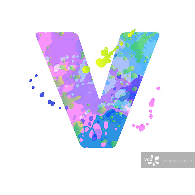用蓝色、绿色、粉色颜料的液体点效果加粗的字母V图片素材