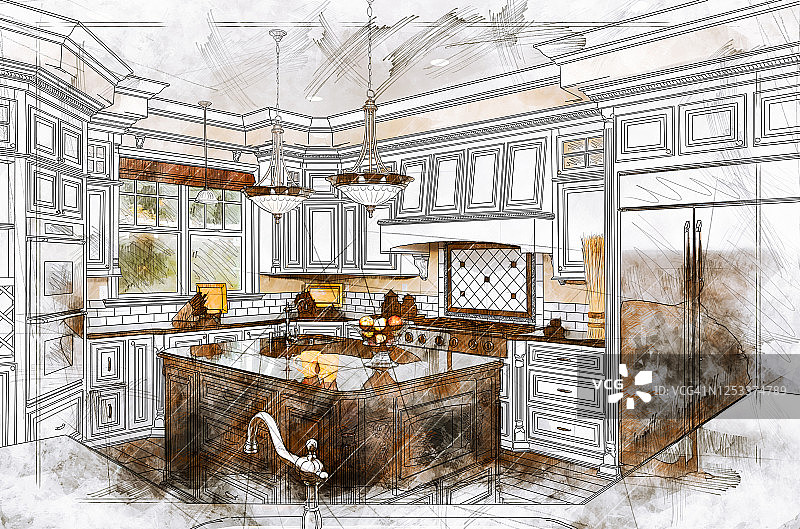美丽的定制厨房设计图纸插图细节图片素材