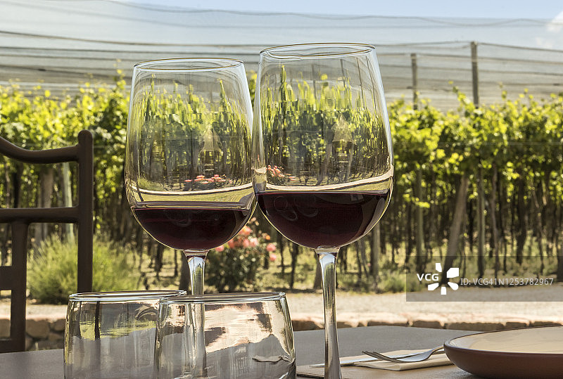 葡萄酒旅游、葡萄园、风景和露天酒杯。图片素材