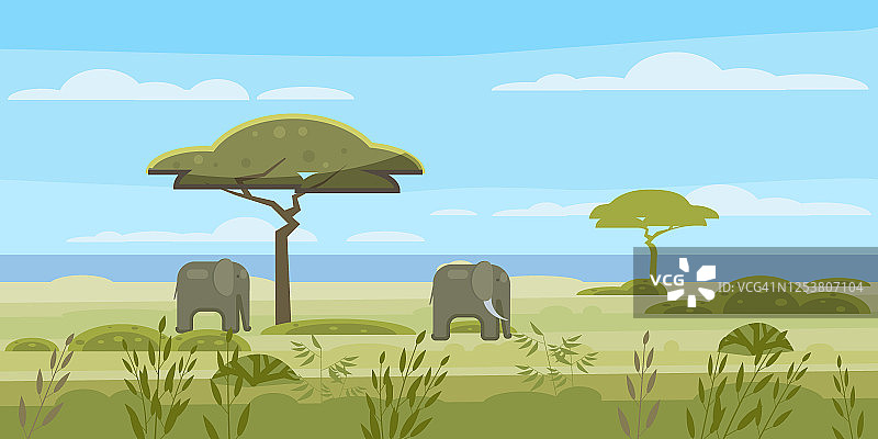 非洲景观，草原，野生大象群，全景，自然，树木，荒野。现代平面卡通，矢量插图孤立图片素材