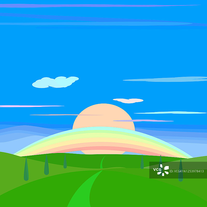 向量:风景乡村与日出和彩虹抽象背景纹理壁纸卡通向量和插图图形设计图片素材