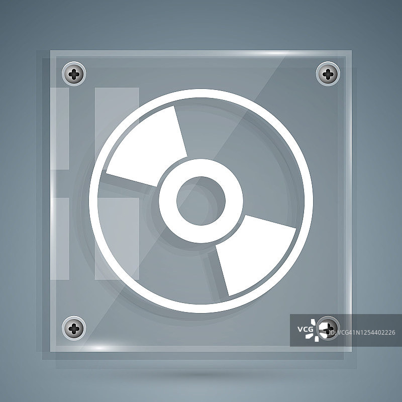 白色CD或DVD磁盘图标孤立在灰色背景。光盘的迹象。方形玻璃面板。矢量图图片素材
