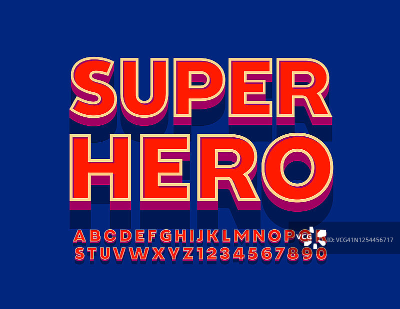 向量明亮的徽章超级英雄与3D复古风格的字母和数字图片素材