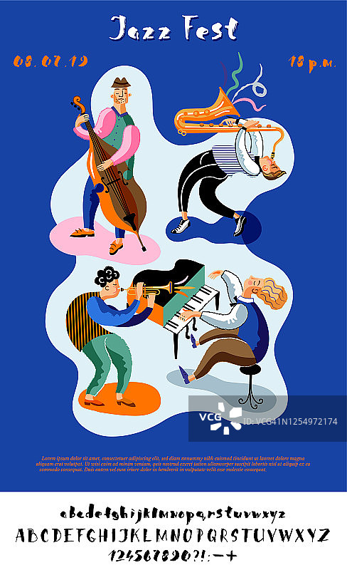 爵士音乐节复古向量蓝色海报与字母和符号图片素材