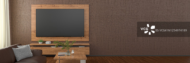 电视屏幕上的棕色墙壁与木板上方的橱柜在现代客厅沙发和咖啡桌。图片素材