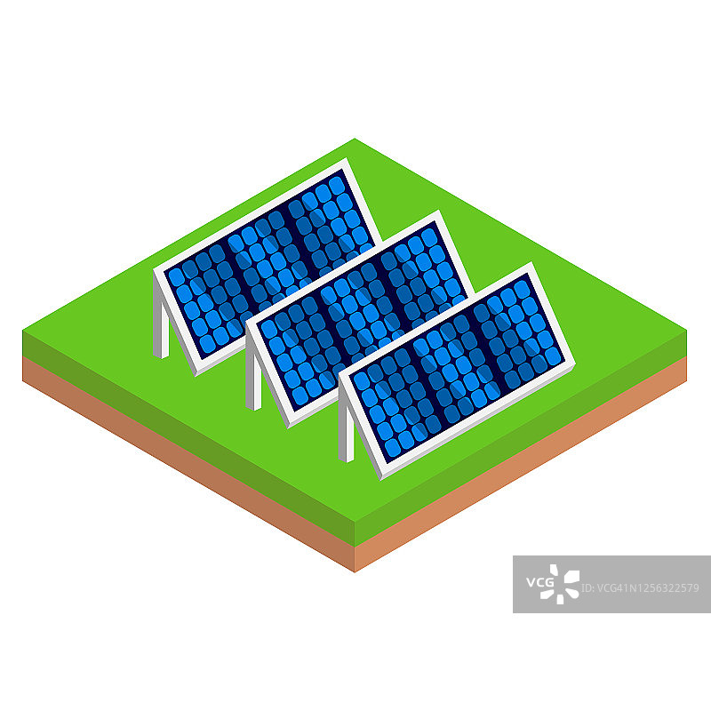 绿色草地上的等距太阳能电池板，现代可持续性和环保能源图片素材