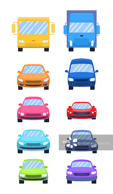 卡通颜色不同的汽车前视图图标设置。向量图片素材
