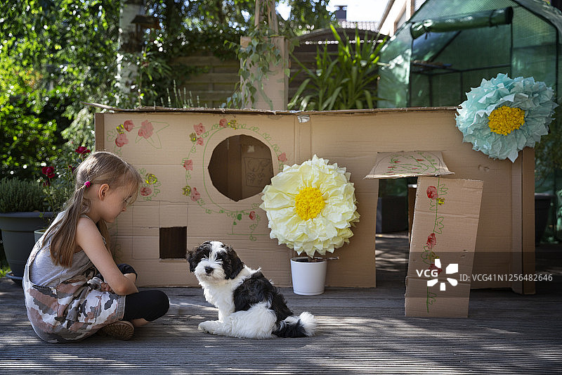 小女孩和小狗坐在用回收纸板箱自制的窝旁边图片素材