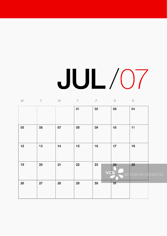 7月- 2021年日历年，2021年最小计划。2021年纸质日历。简单的日历设计。向量集清洁和最小的办公桌组织者。图片素材