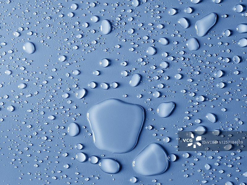 由蓝色背景上的气泡和水滴形成的纹理的完整框架。图片素材