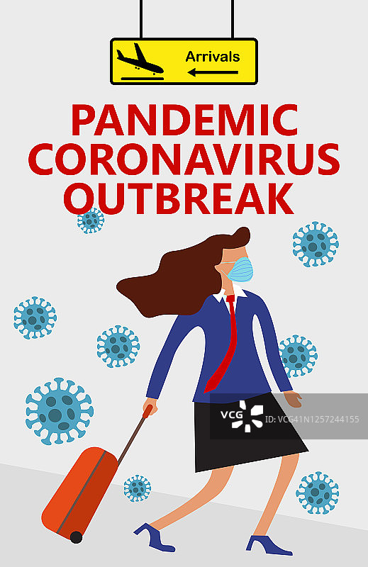 大流行冠状病毒爆发，新型冠状病毒疾病COVID-19, 2019-nCoV，中东呼吸综合征冠状病毒，一名穿着蓝色医用口罩和带轮子的旅行包的男子从到达的方向移动图片素材