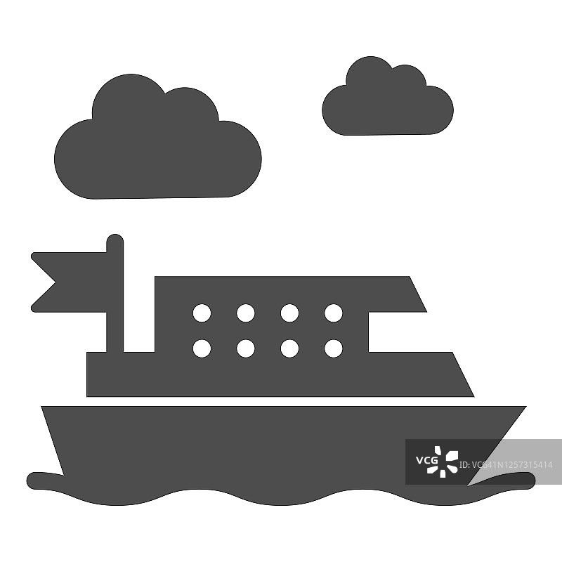 渡轮固体图标，公共交通概念，渡轮船运输标志在白色背景，船在海上图标在字形风格的移动概念和网页设计。矢量图形。图片素材