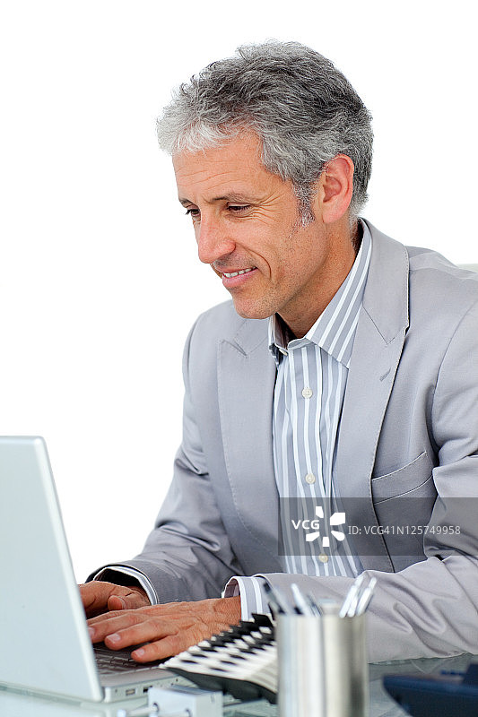 微笑自信的商人在电脑前工作图片素材
