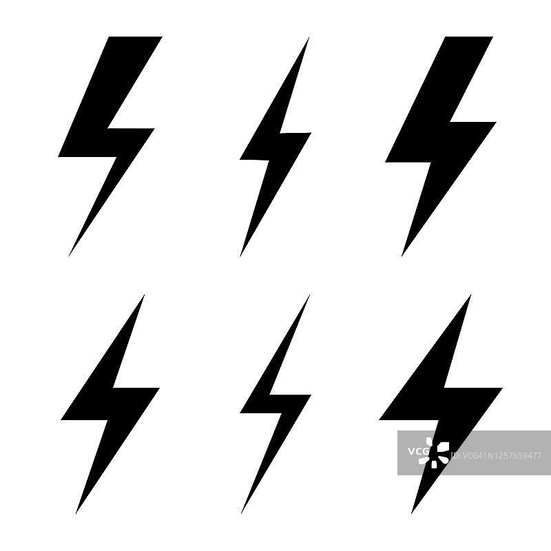 代表闪电、雷击或雷暴的一组图标。适用于电压、电力和电力标志。图片素材