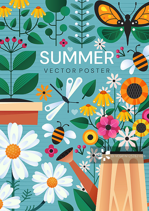 夏天的海报，花园里的花和昆虫图片素材