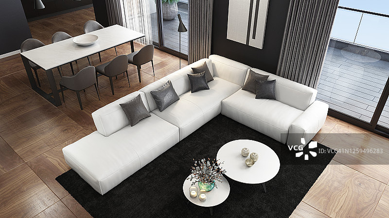 白色真皮沙发在豪华深色室内客厅与现代极简主义意大利风格的开放式空间厨房图片素材
