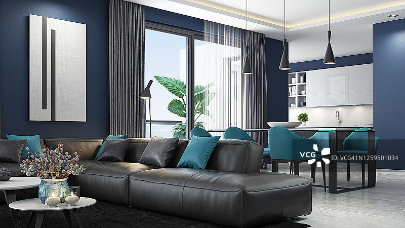 海军蓝豪华深色室内客厅与现代极简主义意大利风格的开放空间厨房图片素材