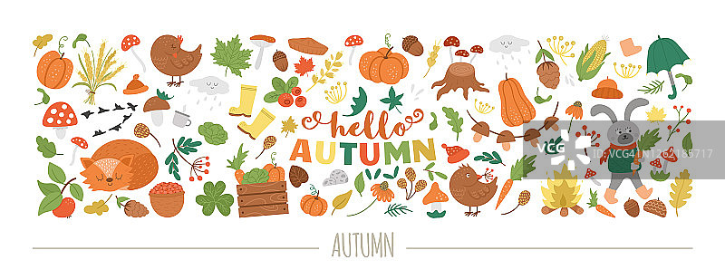 矢量水平秋天设置与动物，植物，叶子，钟，南瓜孤立在白色的背景。有趣的秋季设计横幅，海报，邀请。可爱的风景卡片模板图片素材