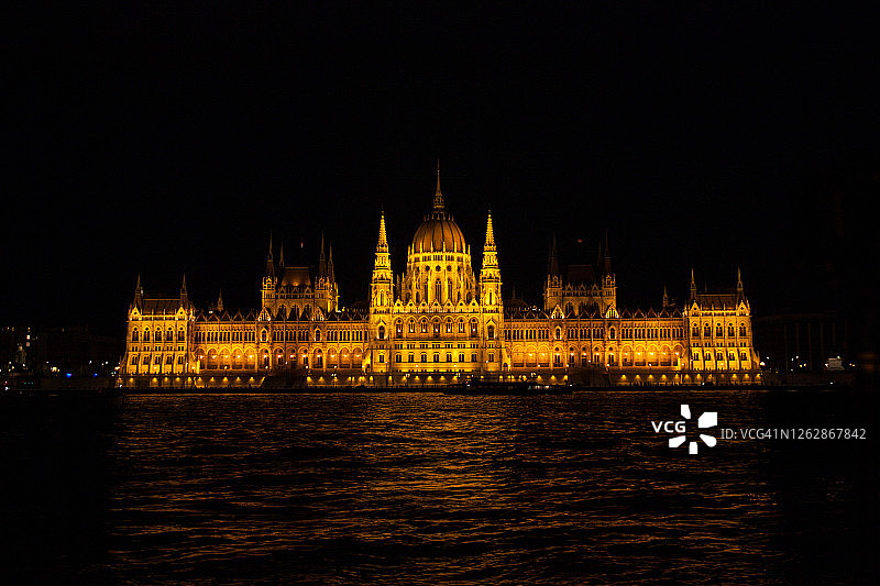 多瑙河平静的夜晚，欧洲议会灯火通明，布达佩斯图片素材