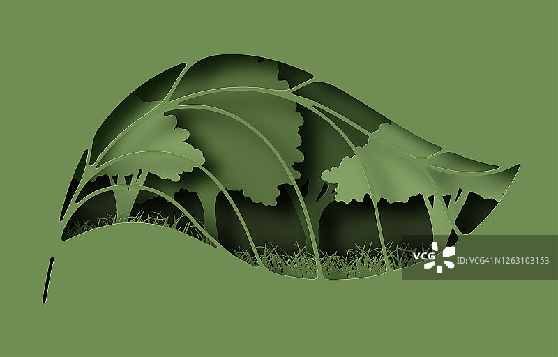 纸上优雅的叶洞用树木和草层切割抽象背景。生态环境保护理念。纸艺术风格。矢量插图。图片素材