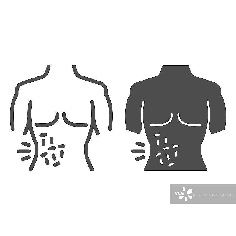 身体皮疹线和固体图标，过敏概念，皮炎或湿疹的身体标志上的白色背景，皮肤皮疹图标轮廓风格的移动概念和网页设计。矢量图形。图片素材