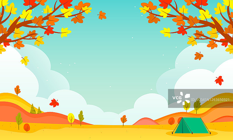 秋季景观背景矢量插图。枫枝框架与秋季露营图片素材