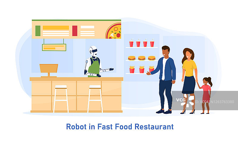 带着孩子的年轻家庭在快餐店点菜。机器人工人在餐厅为人们服务。餐饮机构自动化流程的未来概念。平的插图图片素材