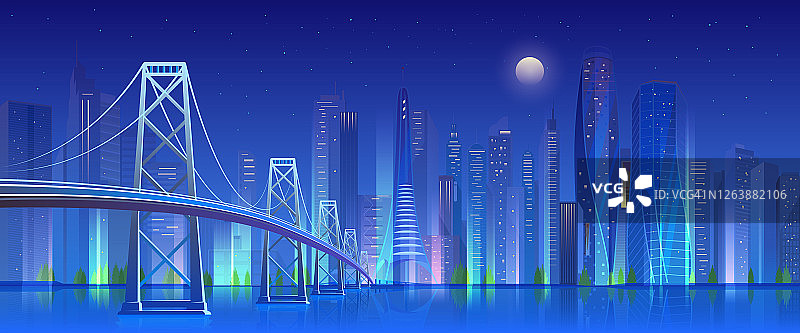 城市桥在夜晚矢量插图，卡通平面现代城市天际线，蓝色的未来主义城市景观与摩天大楼在霓虹灯，照明桥梁的背景图片素材