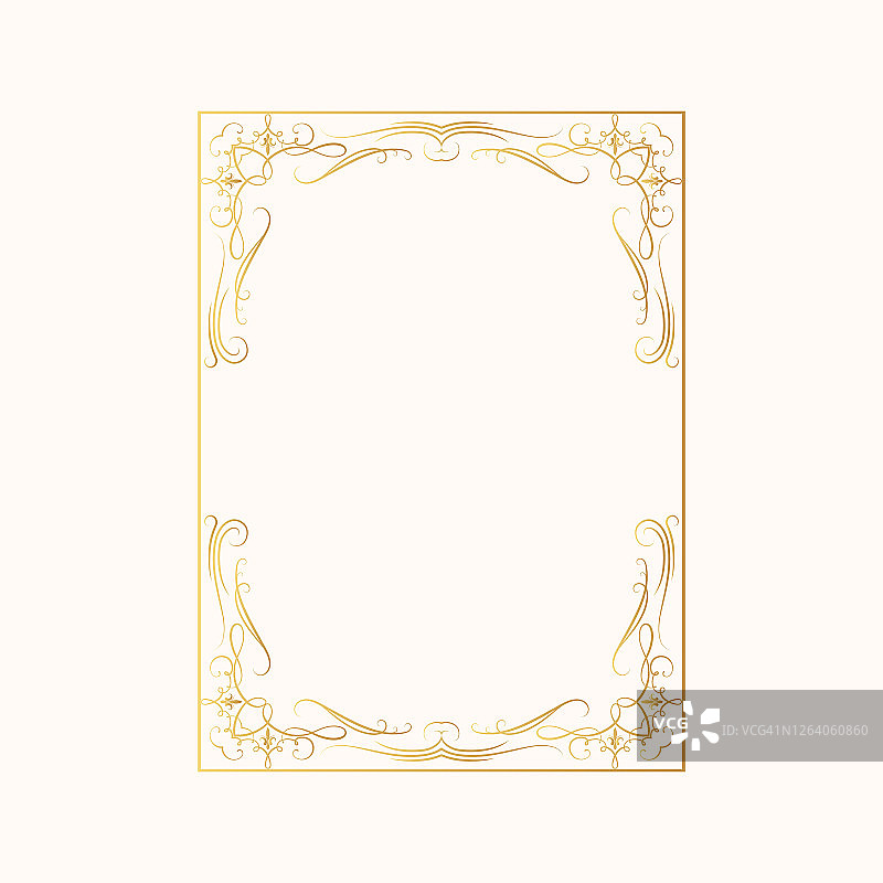 在艺术装饰风格的复古婚礼邀请卡模板。证书框架与金丝装饰元素。矢量孤立手绘金色矩形漩涡边界。图片素材