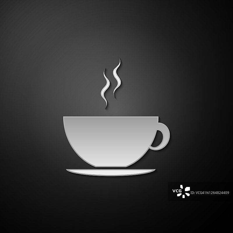 银色咖啡杯图标孤立在黑色背景。茶杯。热喝咖啡。长长的阴影风格。向量图片素材