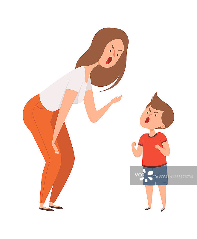 家庭虐待。女人儿子一起尖叫。家庭争吵或争吵。孤立的卡通愤怒的母亲和男孩矢量人物图片素材