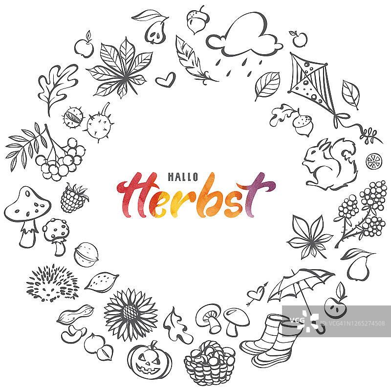 哈罗·赫布斯特手绘线条艺术秋元素花环图片素材
