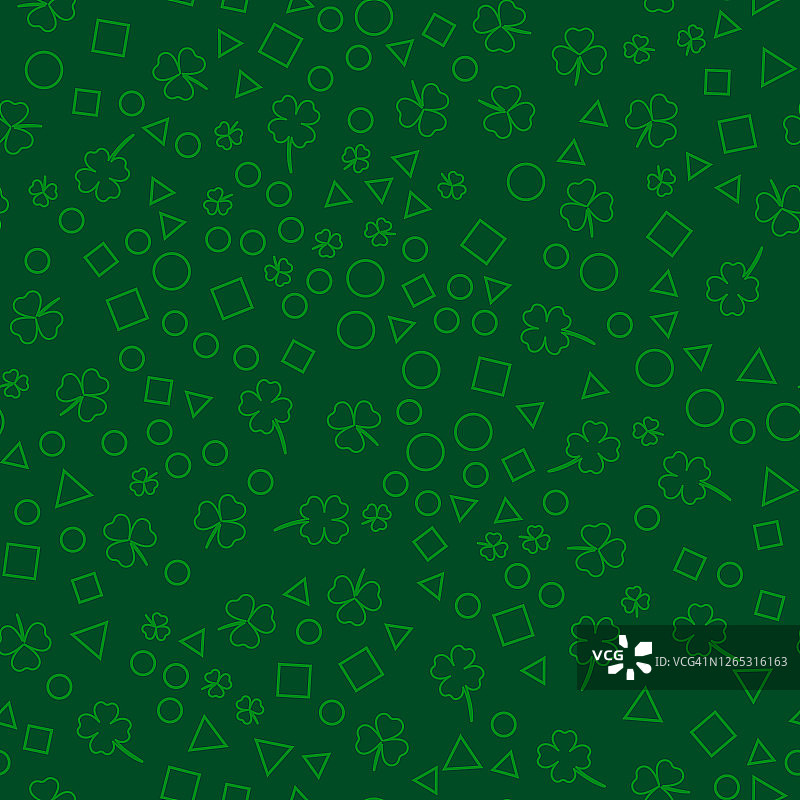 绿色背景上的无缝模式。三叶草和几何形状。设计织物，包装，纸张。向量图片素材