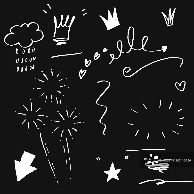 手绘设置元素，黑色在白色的背景。箭，心，爱，星，叶，太阳，光，烟花，为概念设计。图片素材