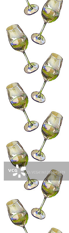 垂直无缝边缘的酒杯与白葡萄酒，孤立的白色。水彩画插图。图片素材