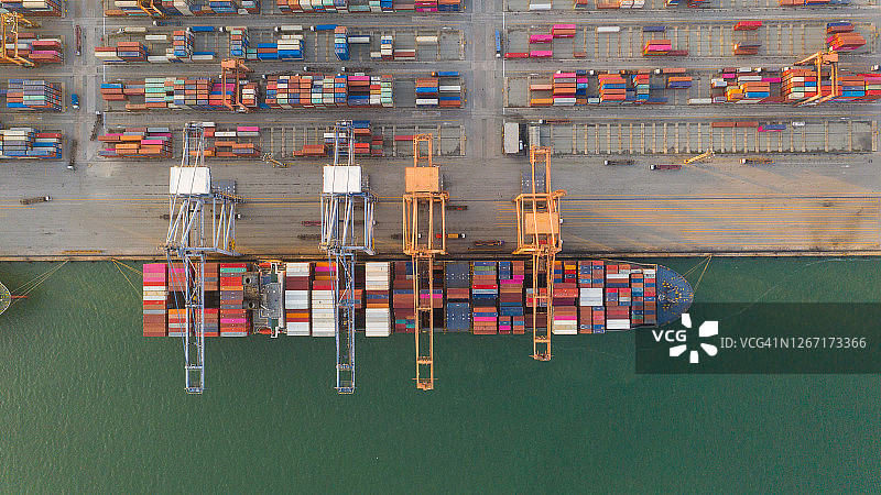 集装箱、集装箱船的进出口业务和物流。用起重机将货物运到港口。国际水路运输。鸟瞰图和俯视图。图片素材