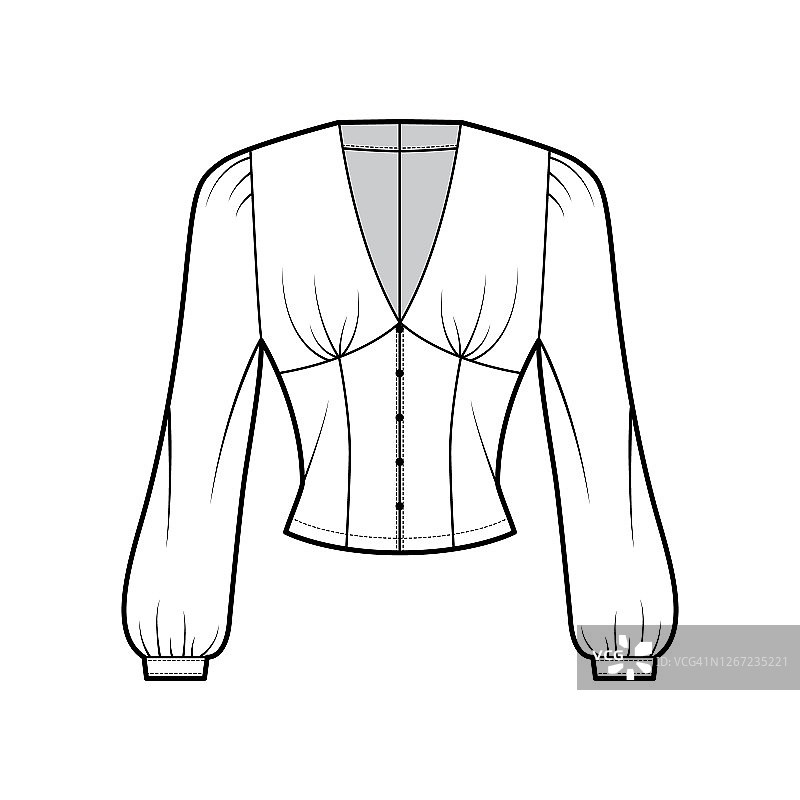 衬衫技术时尚插图与长主教袖，深v领口，蓬松的肩膀，苗条的fit衬衫图片素材