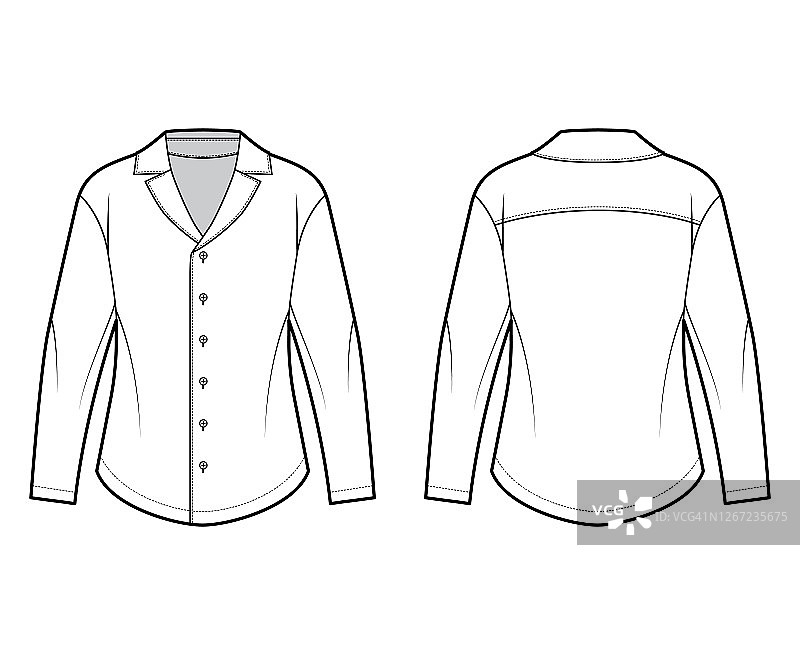衬衫技术时尚插图与放松的剪影，复古露营衣领，前扣系，长袖图片素材