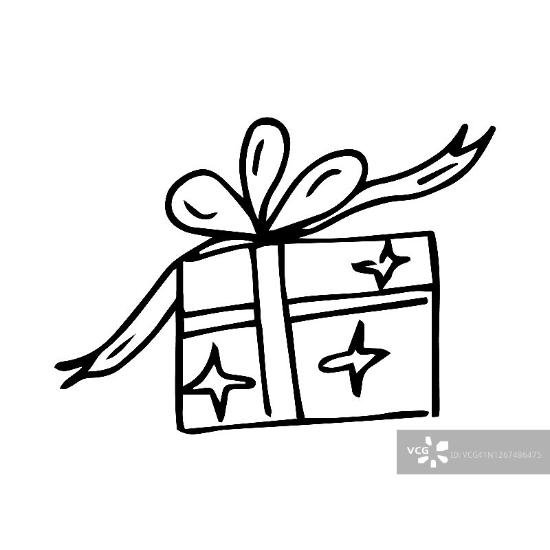 一个方形礼物的草图，用一个带蝴蝶结的礼物丝带系着。图片素材