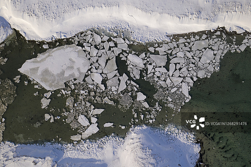 挪威罗浮敦群岛的一条有冰块的挪威河的鸟瞰图图片素材