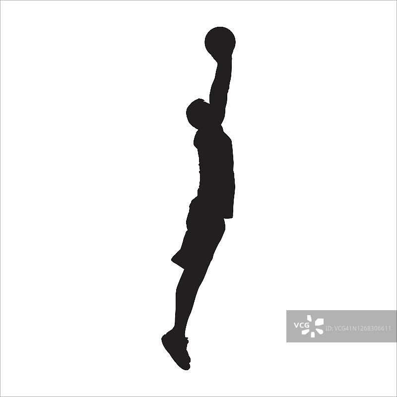 专业篮球运动员剪影跳跃和投篮球进圈，矢量插图图片素材