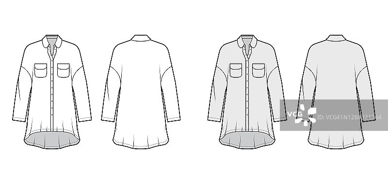 超大衬衫连衣裙技术时尚插图与圆形口袋和衣领，长袖，低肩图片素材