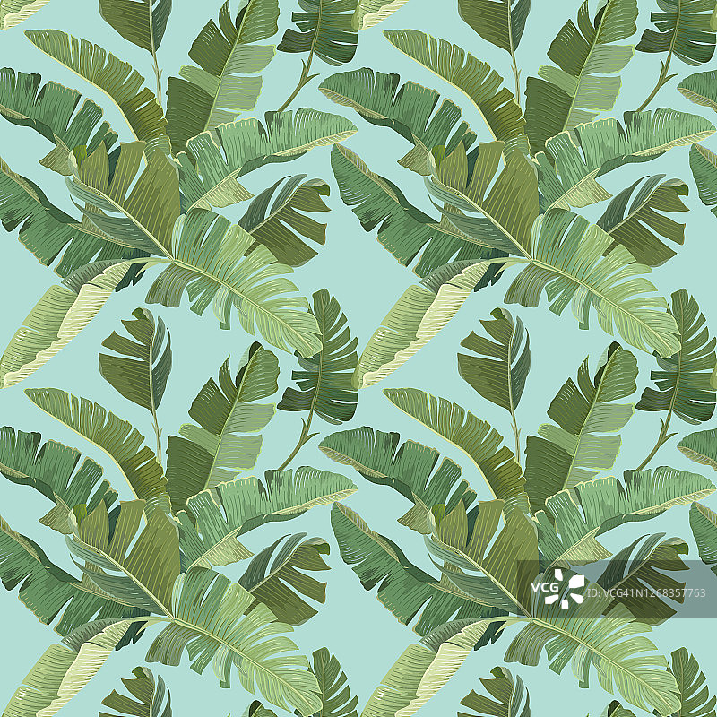 热带雨林装饰墙纸装饰与绿色的热带香蕉棕榈叶和树枝。纸张，纺织品设计，无缝图案，植物热带印刷在蓝色背景。矢量图图片素材