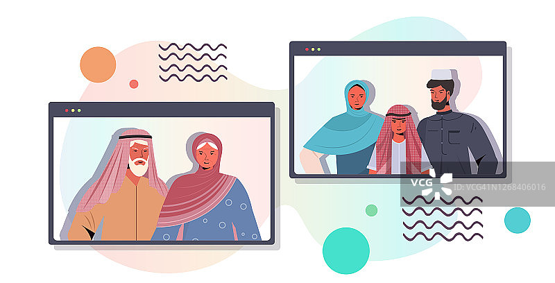 阿拉伯祖父母与孩子在视频通话中进行虚拟会议家庭聊天交流图片素材