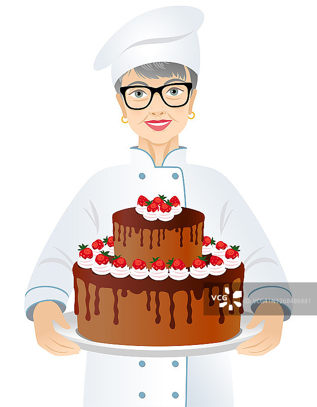 老妇厨师拿着一个大巧克力蛋糕图片素材