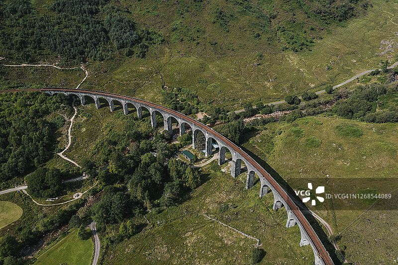 英国苏格兰格伦芬南高架桥的高角度拍摄图片素材