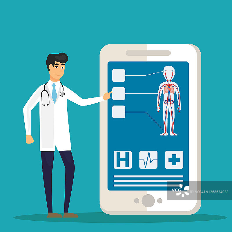 医生检查病人使用智能手机上的医疗应用程序，在线医疗咨询和技术概念-向量图片素材