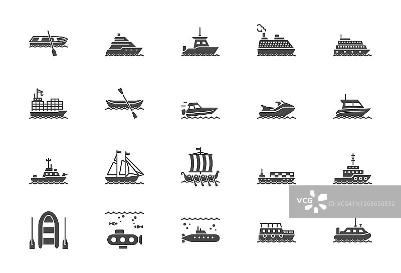 船，船的轮廓图标。矢量插图包括图标为游艇，邮轮，货船，潜艇，渡船，独木舟，纵帆船黑色象形文字的水运输图片素材